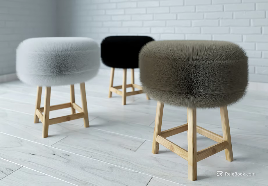 Faux Fur Stools With Wooden Legs In White Black And Brown Tones 3d model 