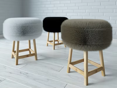 Faux Fur Stools With Wooden Legs In White Black And Brown Tones 3d model