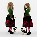 Blonde Hair Doll In Green Sweater With Red Collar Black Flower Skirt And Pink Tights