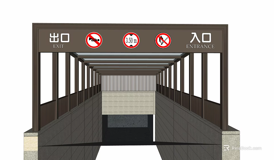 Indoor Passageway With Entrance Exit No Smoking And Speed Limit Signs 3d model 