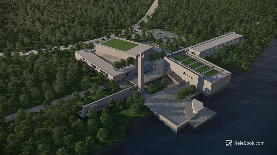 Modern Building Complex With Green Roofs Amidst Trees and Waterfront Area 3d model 