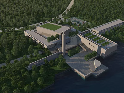 Modern Building Complex With Green Roofs Amidst Trees and Waterfront Area 3d model
