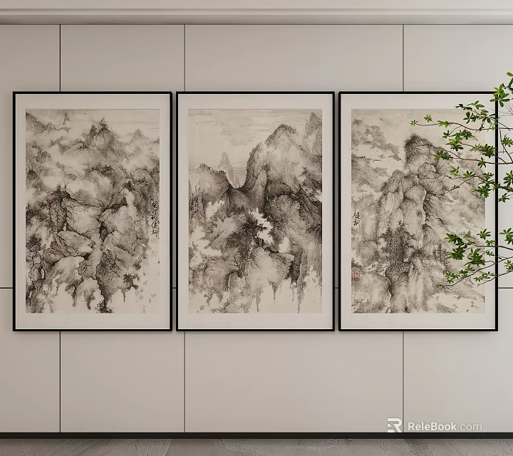 Three Panel Abstract Landscape Paintings With Black Frames And Green Plant Accent 3d model 