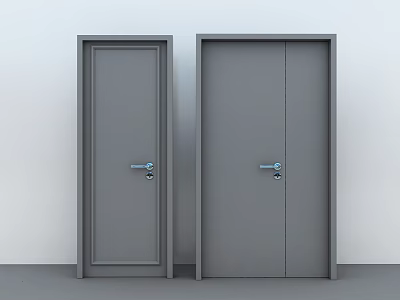 Two Gray Hinged Doors Featuring Door Frames Handles Locks On White Wall 3d model