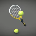 Sports Equipment Yellow White Tennis Racket with Yellow Balls One on Surface Another on Ground