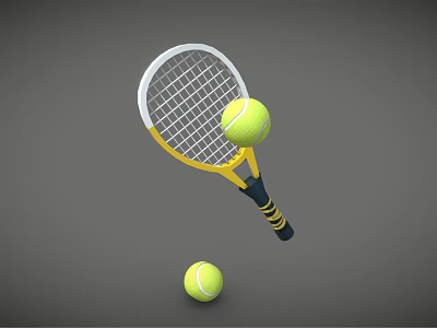 Sports Equipment Yellow White Tennis Racket with Yellow Balls One on Surface Another on Ground 3d model