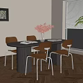 Modern Round Dining Table Set With Four Brown Chairs Metal Legs And Red Flower Vase