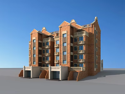 Red Brick Multi Story Residential Building With Multiple Windows Balconies And Entrances Against Blue Sky 3d model