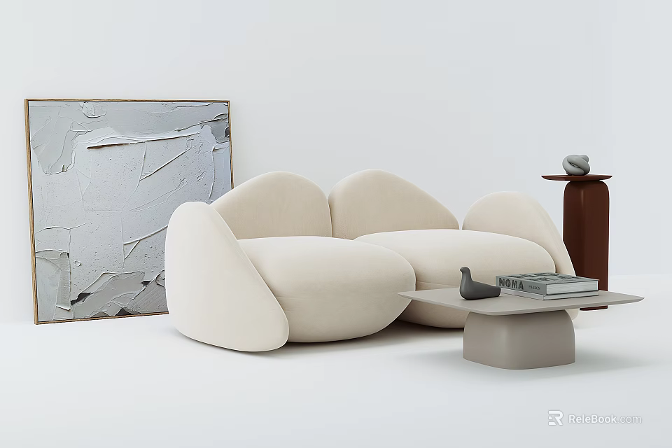 Beige Curved Two Seater Sofa In Modern White Interior With Abstract Painting And Side Table 3d model 
