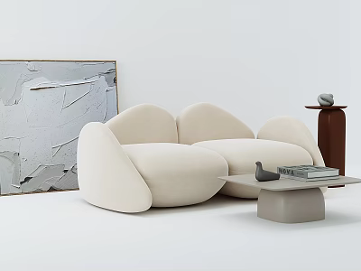 Beige Curved Two Seater Sofa In Modern White Interior With Abstract Painting And Side Table 3d model