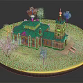 Traditional Church Building With Red Brick Walls Green Roofs And Tower On Circular Grass Base