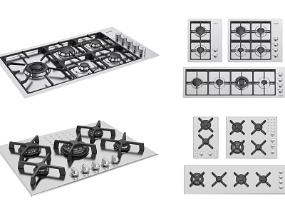 Stainless Steel Kitchen Gas Cooktops With Multiple Burners And Various Designs 3d model