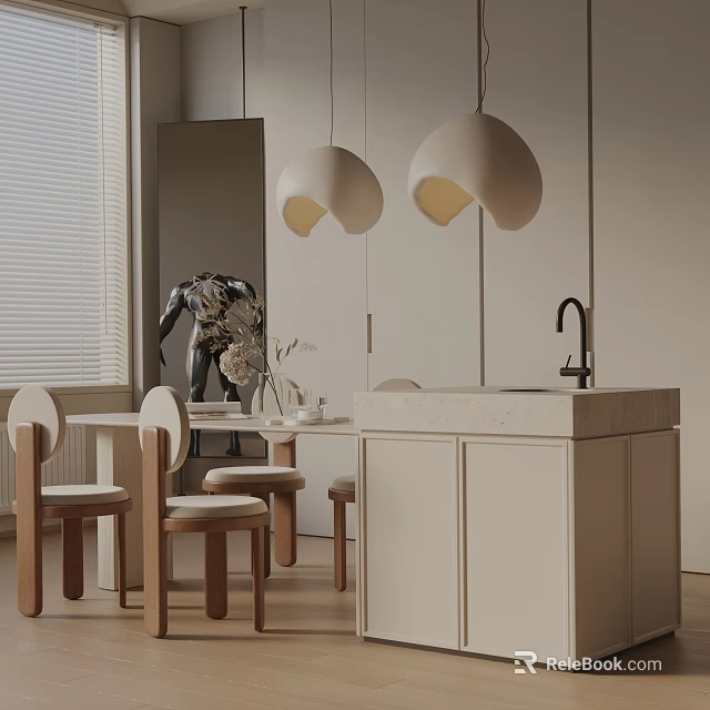 Minimalist Dining Table Set With Wooden Chairs And Beige Pendant Lights 3d model 