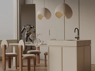 Minimalist Dining Table Set With Wooden Chairs And Beige Pendant Lights 3d model