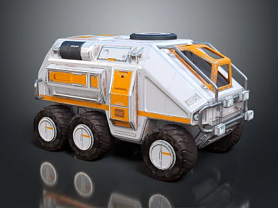Sci Fi Off Road Vehicle With White Orange Design Reinforced Cabin And Six Large Wheels 3d model