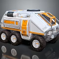 Sci Fi Off Road Vehicle With White Orange Design Reinforced Cabin And Six Large Wheels