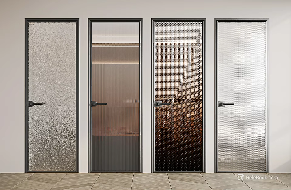 Modern Glass Doors With Black Frames And Various Textured Patterns For Interior 3d model 