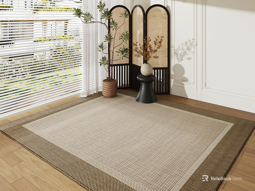 Light Beige Woven Square Rug on Wooden Floor with Screen and Green Plants 3d model 