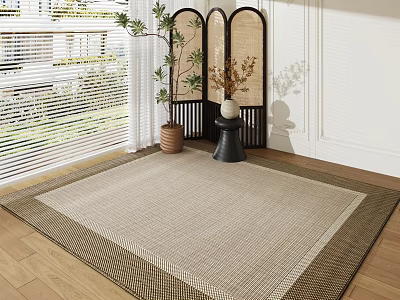 Light Beige Woven Square Rug on Wooden Floor with Screen and Green Plants 3d model