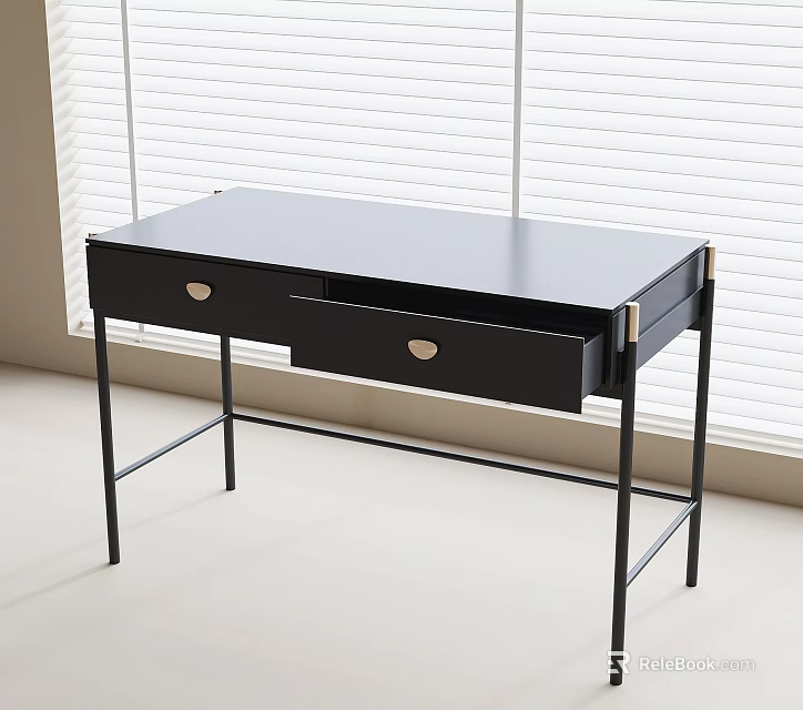 Modern Black Desk With Gold Handle Drawers And Metal Legs By Window Blinds 3d model 