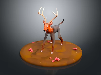 3D Deer Model With Large Antlers Standing On Circular Base With Pink Flowers 3d model