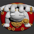 Decorative Ornament Set with White Lucky Cat Multiple Paws Gold Ingots Coins Red Base and Collar