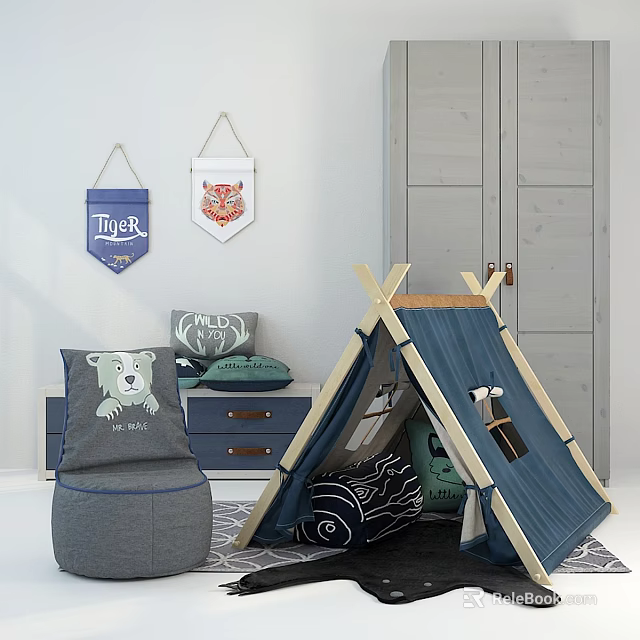 Kids Teepee Tent Bed Blue with Gray Bear Chair Wall Banners and Cushions 3d model 