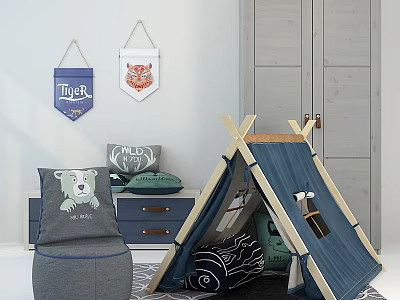 Kids Teepee Tent Bed Blue with Gray Bear Chair Wall Banners and Cushions 3d model