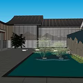 Traditional Modern Courtyard Architecture With Curved Tile Roof Wooden Structure Stone Pavement And Small Plants