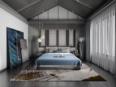 Modern Bedroom Interior With Blue Bed Wooden Ceiling And Area Rug Curtains 3d model