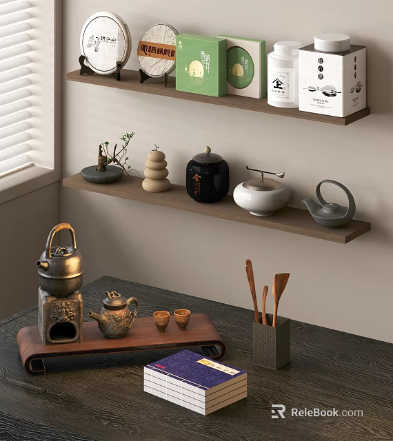 Traditional Chinese Tea Set With Teapot Cups And Stove On Wooden Table And Shelf 3d model 