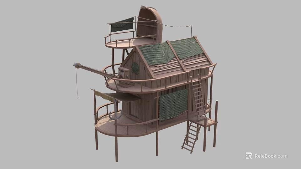 Multi Level Wooden House With Green Roof Balcony Ladder And Platform Structure 3d model 