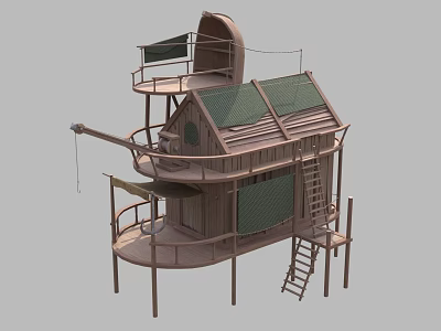 Multi Level Wooden House With Green Roof Balcony Ladder And Platform Structure 3d model