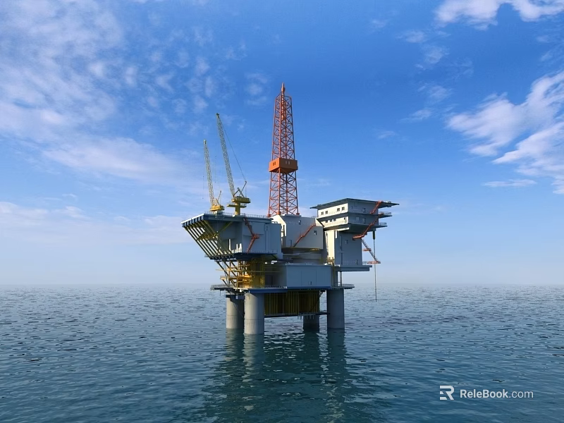 Offshore Oil Drilling Platform in Open Ocean with Blue Sky and Cranes 3d model 
