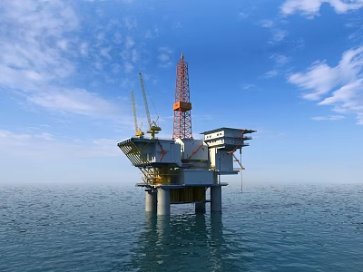 Offshore Oil Drilling Platform in Open Ocean with Blue Sky and Cranes 3d model