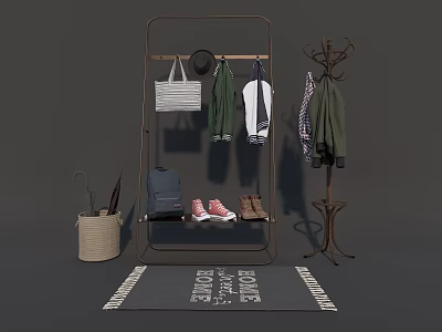 Stylish Clothes Rack With Hanging Clothes Bag Shoes And Umbrella On Home Sweet Home Rug 3d model