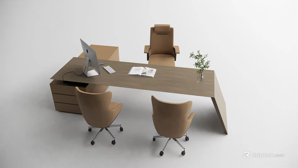Modern Wooden Office Desk with Computer Mouse Open Book Three Chairs and Potted Plant 3d model 