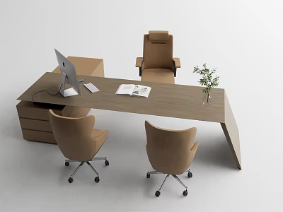 Modern Wooden Office Desk with Computer Mouse Open Book Three Chairs and Potted Plant 3d model