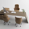 Modern Wooden Office Desk with Computer Mouse Open Book Three Chairs and Potted Plant