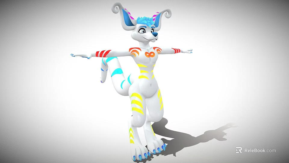 Animated Game Movie Character With Blue Purple Ears Colorful Stripes Arms Outstretched Tail 3d model 