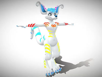Animated Game Movie Character With Blue Purple Ears Colorful Stripes Arms Outstretched Tail 3d model