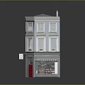 Cartoon Style Three Story Building Featuring Red Door Windows Shop Signs And Blue Roof
