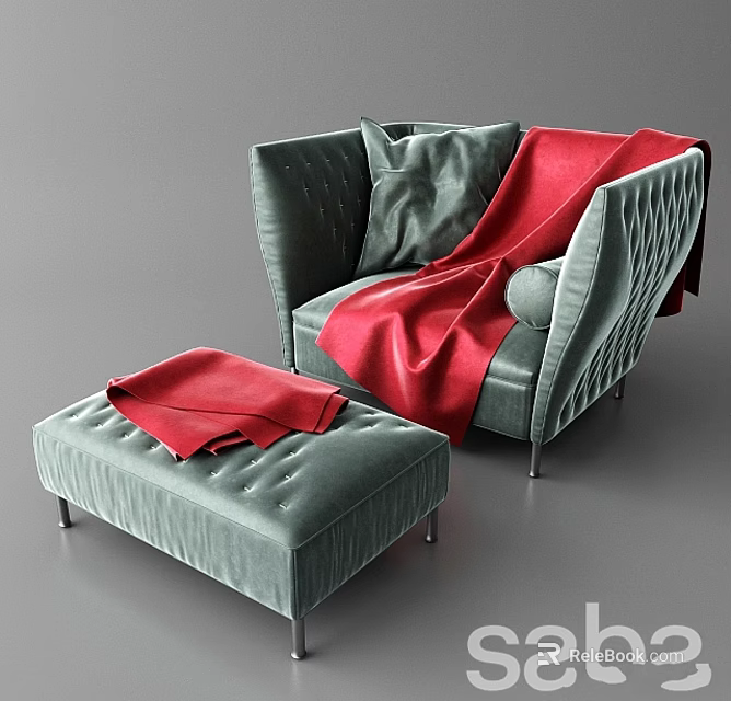 Green Velvet Leisure Chair With Matching Ottoman Red Blanket And Tufted Design 3d model 