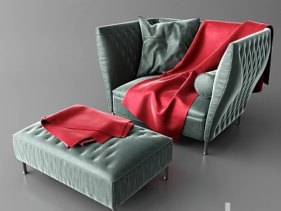 Green Velvet Leisure Chair With Matching Ottoman Red Blanket And Tufted Design 3d model