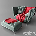 Green Velvet Leisure Chair With Matching Ottoman Red Blanket And Tufted Design