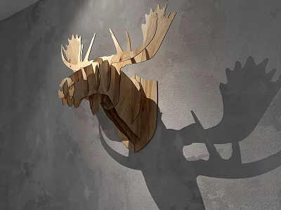Animal Wall Decor Wooden Moose Head Hanging on Gray Wall with Shadow Effect 3d model