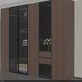 Modern Wooden Wardrobe With Glass Doors Shelves Drawers And Decorative Vase
