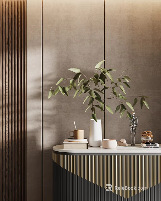 Decorative Ornament Combination With Green Leaf Plant White Vase And Small Statue On Round Table 3d model 