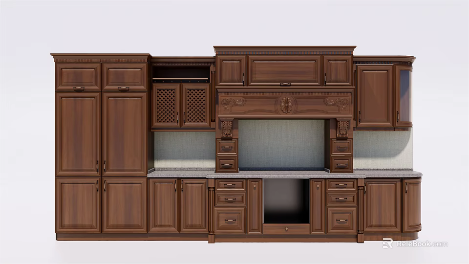 Traditional Kitchen Wooden Cabinets With Carved Details And Upper Lower Storage 3d model 