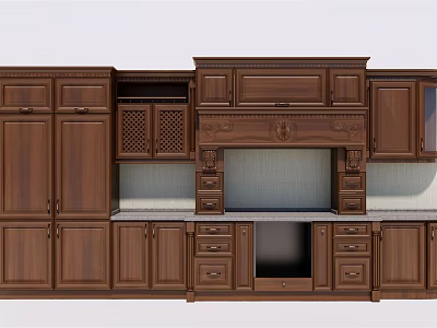 Traditional Kitchen Wooden Cabinets With Carved Details And Upper Lower Storage 3d model